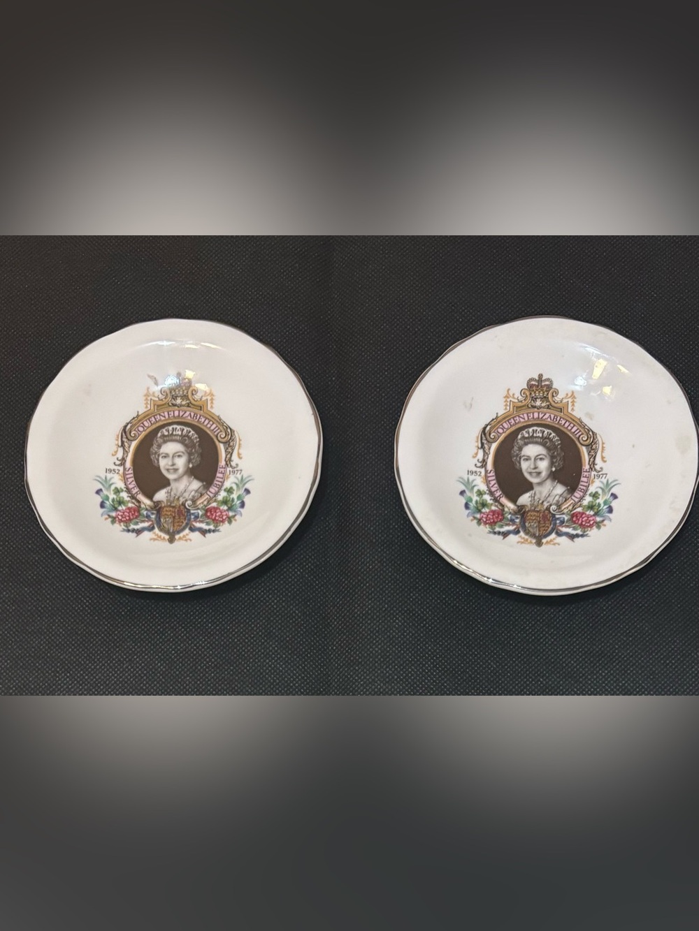 2 Queen Elizabeth Silver Jubilee Trinket Plates, Royal Grafton Fine Bone China